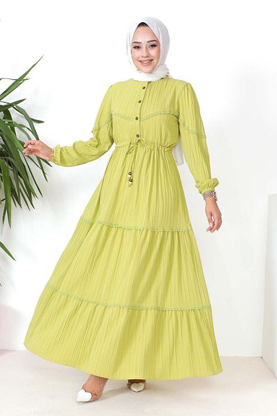 İmajButik Oil Green Waist Gathered Laced Dress