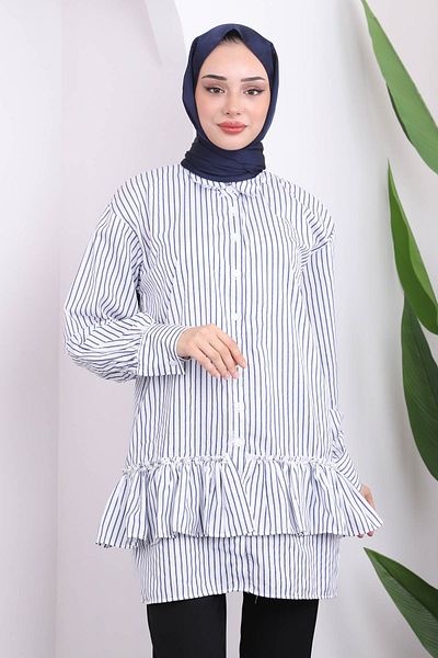 İmajButik Tunica alba cu dungi bleumarin - Fusta cu perle