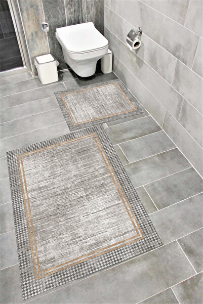 Bordo Halı مجموعة سجادة حمام مزخرفة مبطنة بالإسفنج وناعمة ومضادة للانزلاق وقا...