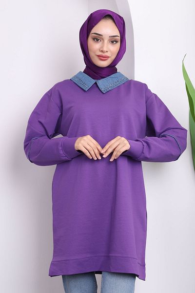 İmajButik Purple Collar Jewelled Two Thread Tunic
