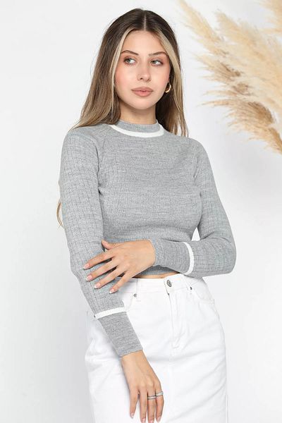 GÜLSELİ Pulover din tricotaj crop cu nervuri gri