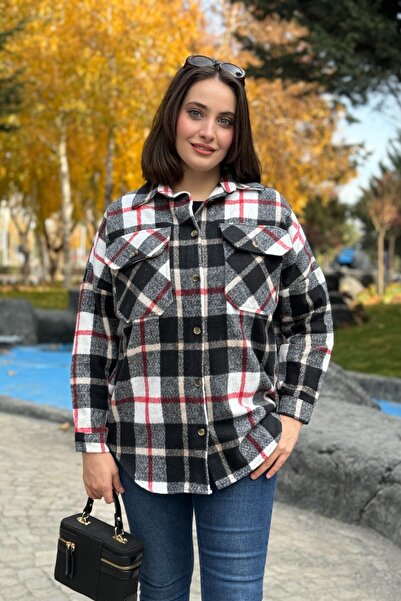 Entropy E0092 Kadın Ön Cepli Detaylı Oduncu Ekose Kışlık Ceket Gömlek - Siyah...