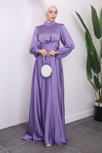 İmajButik Σατέν Βραδινό Φόρεμα - Λιλά Χρώμα, Δέσιμο Μπροστά