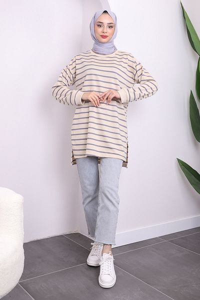 İmajButik Lilac Side Slit Striped Tunic
