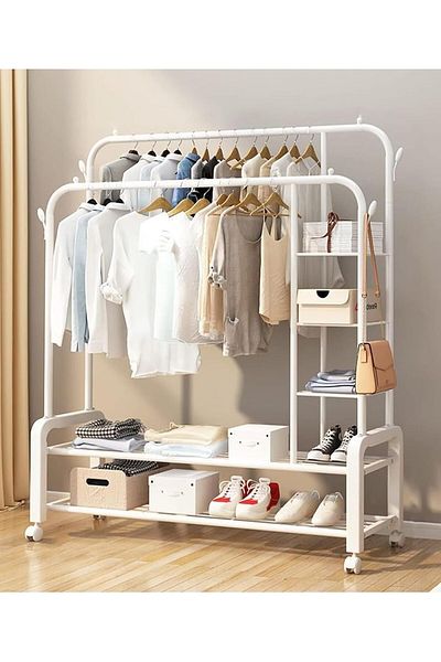ALMUFARREJ Metal Clothes Hanger Organizer White Clothes Stand with Wheels 110x55x150cm