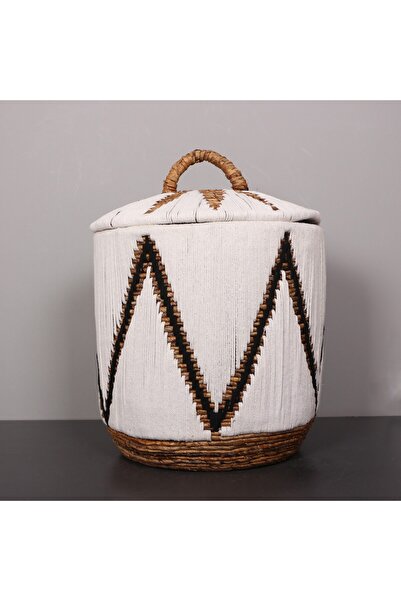 Mylamp SÖKE BEYAZ Makrome ve Doğal Abaka - Kapaklı Sepet 46x45 cm