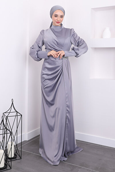 İmajButik Βραδινό Φόρεμα Σατέν - Λεπτομέρεια από Γκρι Πέτρα