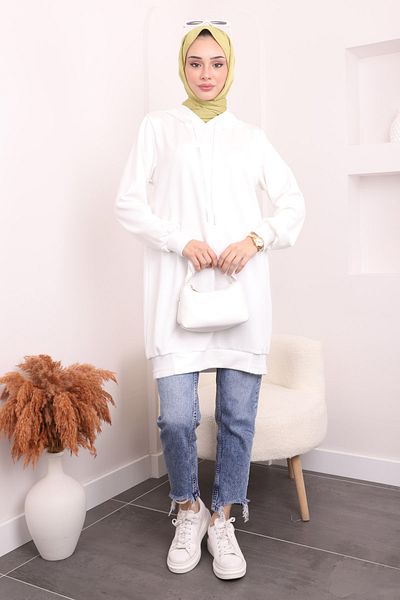 İmajButik Ecru Ribbed Hooded Tunic