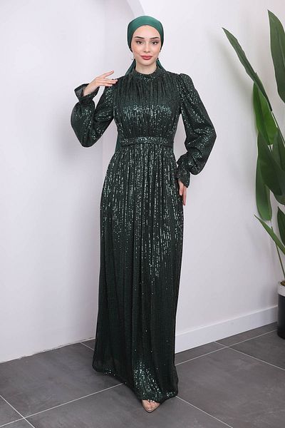 İmajButik Σμαραγδένιες πράσινες παγιέτες και βραδινό φόρεμα με λεπτομέρεια στο μανίκι