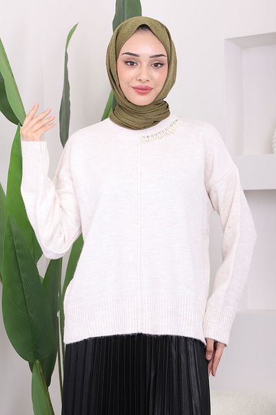 İmajButik Κρεμ Γιακάς Με Κρύσταλλα Σαρόν Πλεκτό Πουλόβερ