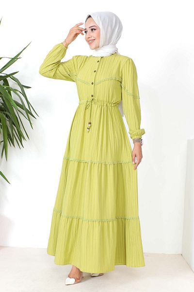 İmajButik Oil Green Waist Gathered Laced Dress
