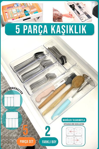 FİTHOME 5 Pieces Modular Clear Drawer Organizer Cutlery Holder