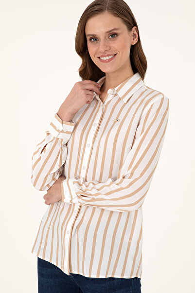 U.S. Polo Assn. Kadın Beyaz Çizgili Uzun Kollu Gömlek 50297122-VR013