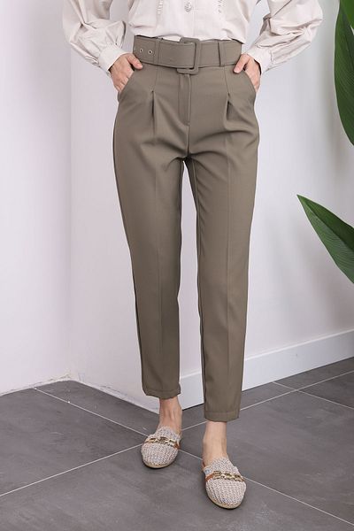 İmajButik Fabric Pencil Pants - KHaki with Belt and Pleat Detail