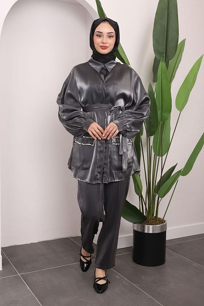 İmajButik Shiny Smoked Jewelled Pearl Jacket and Trousers Set