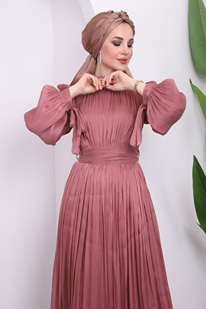 İmajButik Βραδινό φόρεμα με πλισέ τούλι - μανίκι σε πούδρα