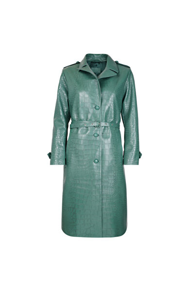 Desa Briona Yeşil Kadın Kroko Baskılı Deri Trençkot