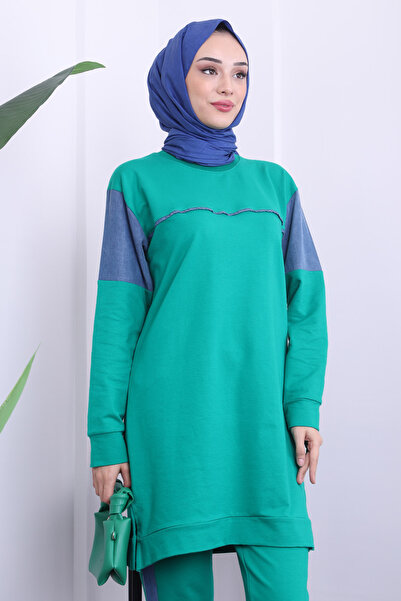 İmajButik Green Denim Detailed Two Thread Set with Tunic Trousers