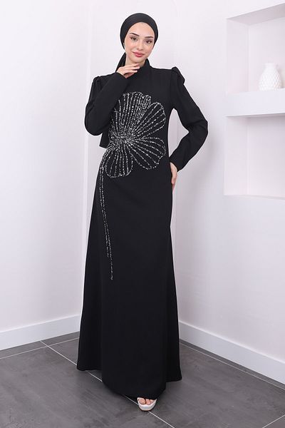 İmajButik Βραδινό φόρεμα Nursema με πέτρα κεντημένο μαύρο