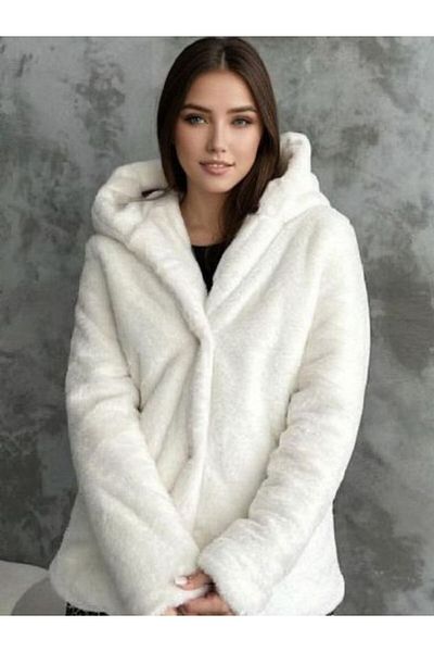 Luna Carina Women's Cream Lined Premium Fabric Plush Hooded Fur Coat Coat