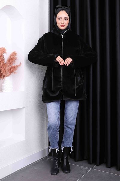 İmajButik Black Zippered Plush Coat