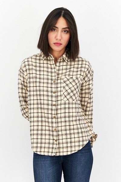 BİLLABONG Women Regular Fit Plaid Long Sleeve Shirts, Beige Combo