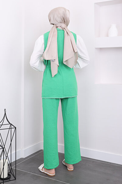 İmajButik Green Triple Blouse Vest Pants Set