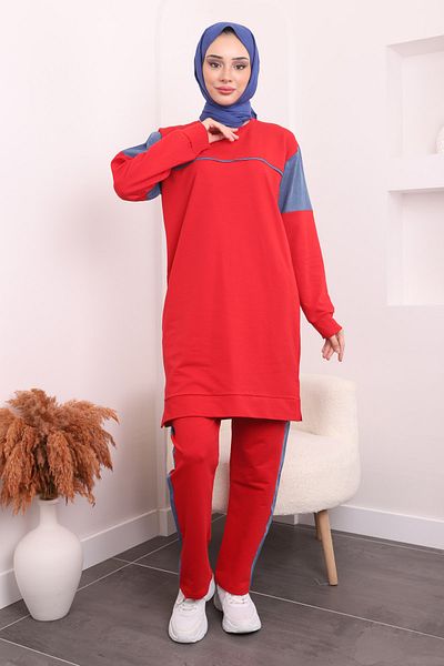 İmajButik Two Yarn Set with Red Denim Detail Tunic Pants