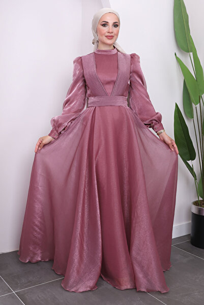 İmajButik Βραδινό φόρεμα με πλισέ Dusty Rose γιακά