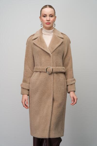 Olcay Angora Look Mink Coat - Snap Closure, Epaulette and Chain Accessories 3074