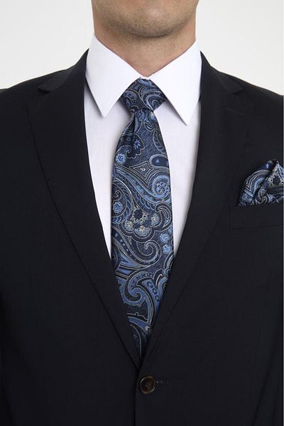 Brianze Navy Blue Shawl Motif Pattern Tie Handkerchief Set