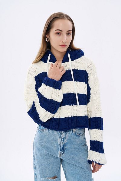 Quzu Hooded Knitted Crop Sweater - Navy Blue - Standard