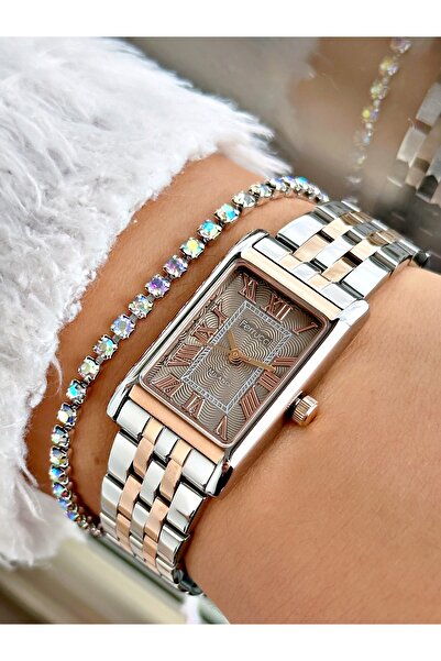 Ferrucci Rose Gold Silver Square Model Roman Numeral Steel Band Women's Wrist Watch + Bracelet