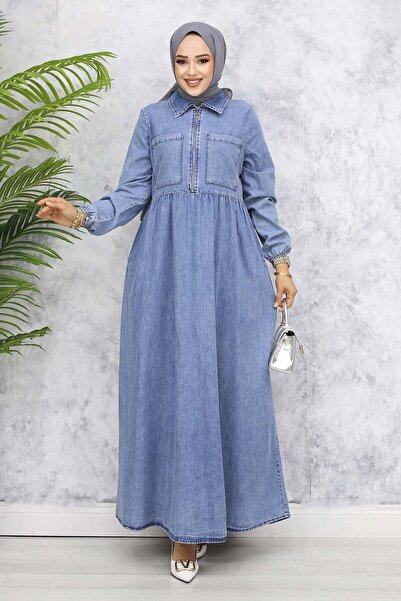 benguen Μπλε τζιν φόρεμα - μισό φερμουάρ και λεπτομέρεια τσέπης 766