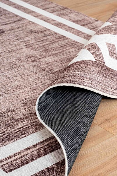 Serente Home Border Patterned Washable Non-Slip Base Chenille Brown White Doorway Carpet 4017