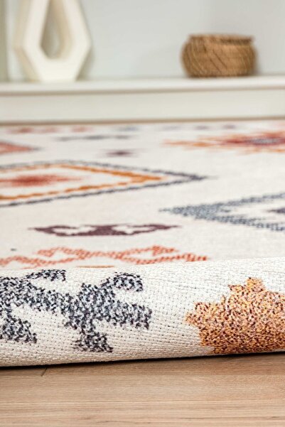 Serente Home İskandinav Desenli Yıkanabilir Kaymaz Taban Şönil Krem Sarı Kırmızı Mutfak Halısı 4023