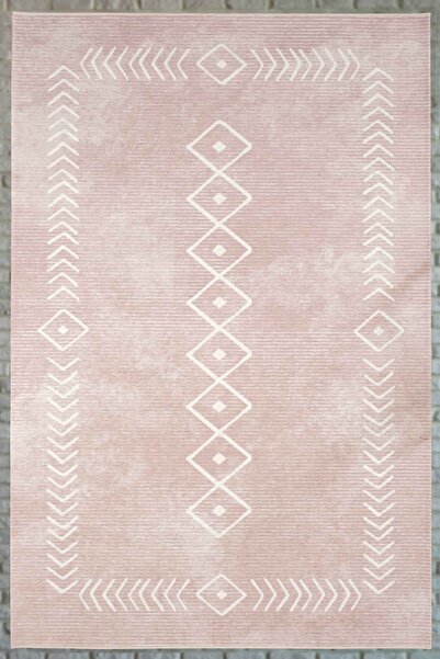 Serente Home İskandinav Desenli Yıkanabilir Kaymaz Taban Şönil Açık Pudra Mut...