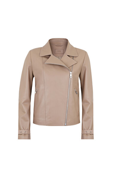 Desa Ayunli Bej Kadın Biker Deri Ceket