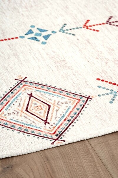 Serente Home Ethnic Patterned Washable Non-Slip Base Cream Chenille Kitchen Carpet 4051