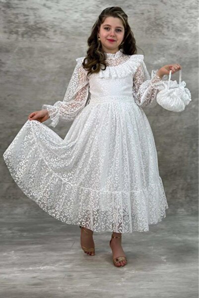 Riccotarz Λευκό κοριτσίστικο φόρεμα - με διάφανο τούλι και λεπτομέρεια βολάν