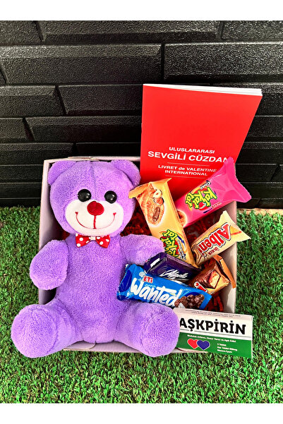 lenostra Sevgiliye Hediye Mor Ayıcıklı Çikolatalı Romantik Hediye Kutusu