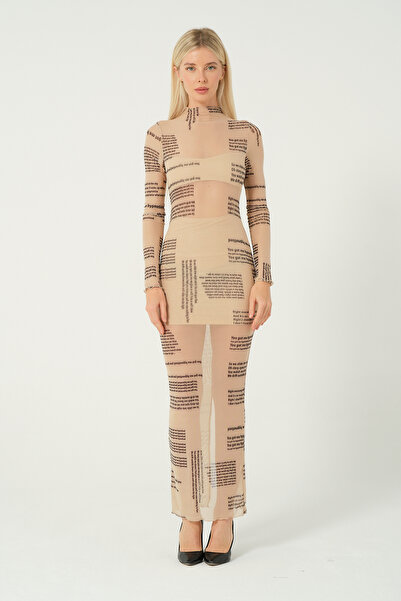 eva clothing Women's Beige Text Printed Long Mesh Dress 1234572 Eva-1