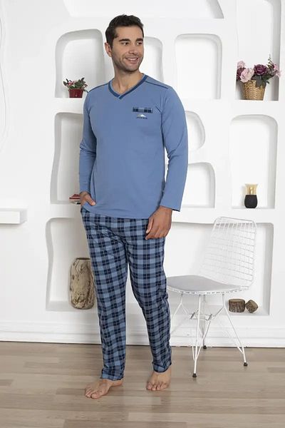 ALİMER Σετ ανδρικές πιτζάμες καρό - μακρυμάνικο Indigo Combed Cotton 1210UY