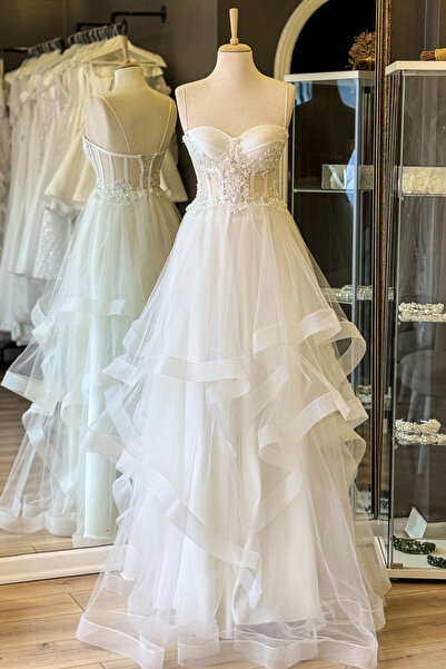 Lenta Moda Beyaz Gren Etekli İşlemeli Dantel Detaylı Tül Abiye & Kına Elbisesi