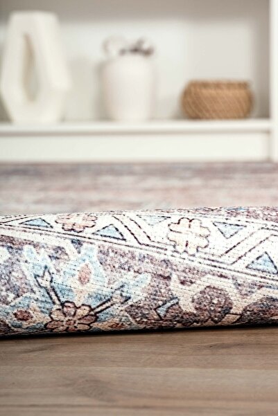 Serente Home Covor de bucătărie din chenilă cremă, lavabil, cu model retro, cu bază anti-alunecare 4063