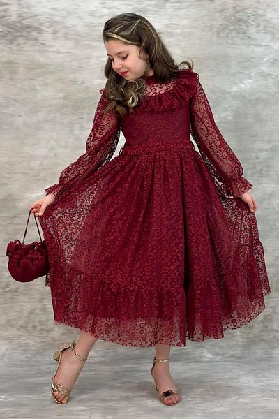 Riccotarz Burgundy Girl's Dress - Transparent Tulle and Ruffle Detail