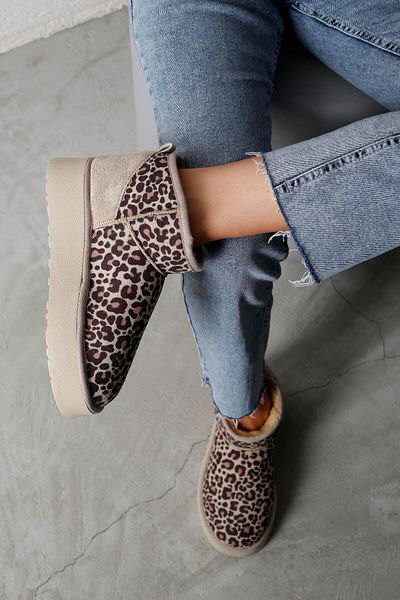Beyond Μπεζ Leopard Print Ultra Mini Suede Boots - Ψηλή σόλα, Γούνινη Εσωτερική Επιφάνεια, 4,5cm BYNDUM02
