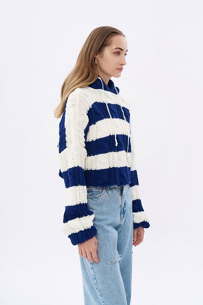 Quzu Hooded Knitted Crop Sweater - Navy Blue - Standard