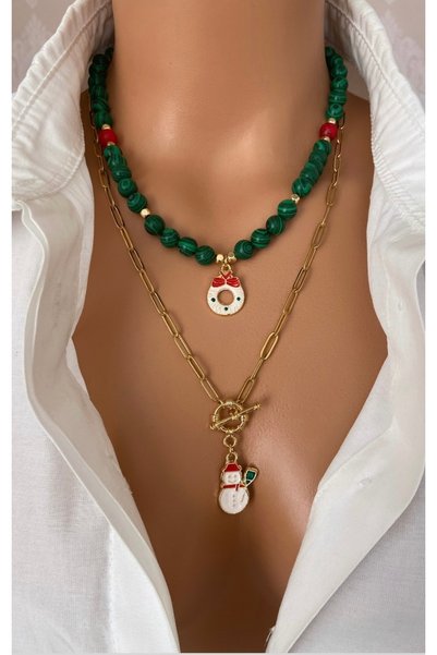 TARZ-I TAKI Women's Natural Stone Green Malachite Stone Steel Chain Christmas Double Necklace