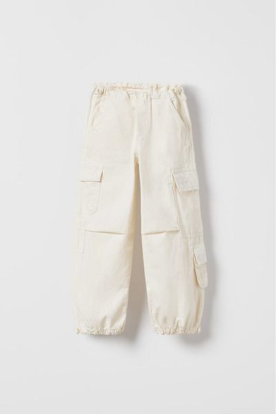 Hzmis Unisex Ecru Cargo Pocket Wide Leg Parachute Trousers